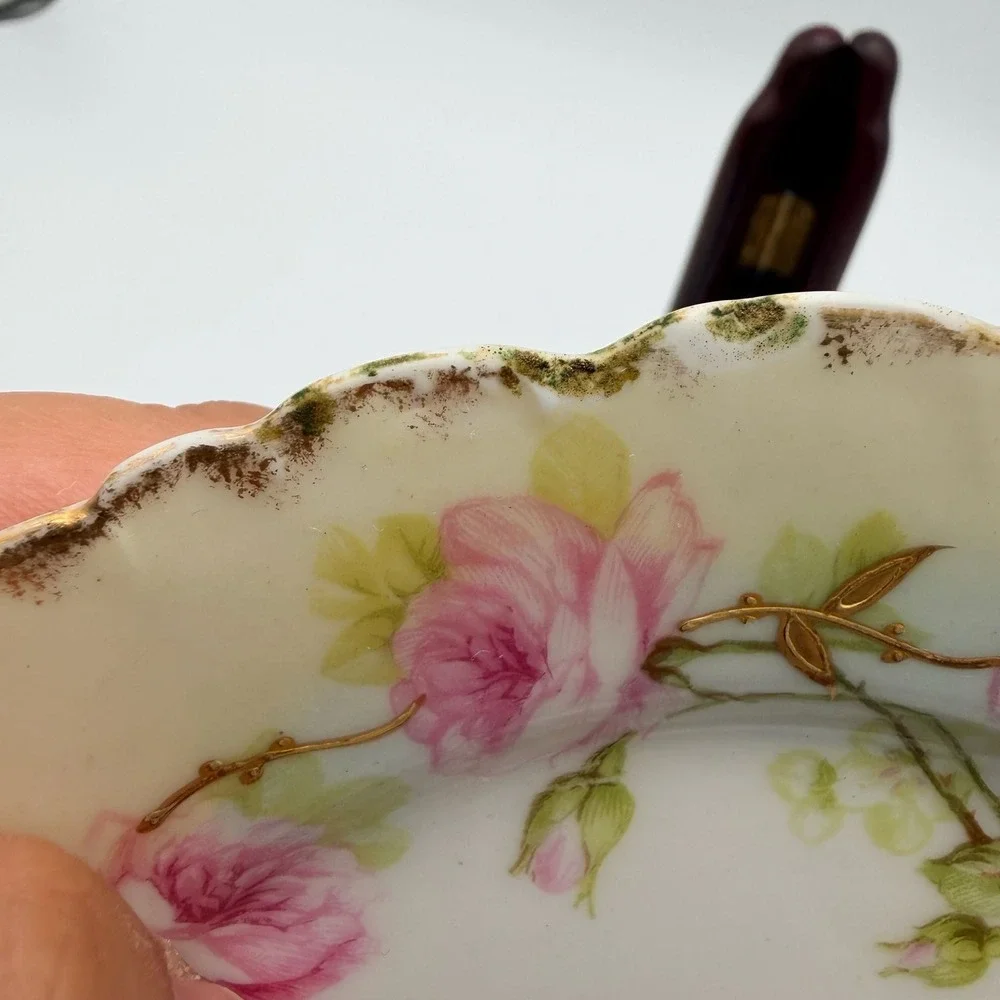 Elite Limoges France Gold Trim Pink White Rose Plate